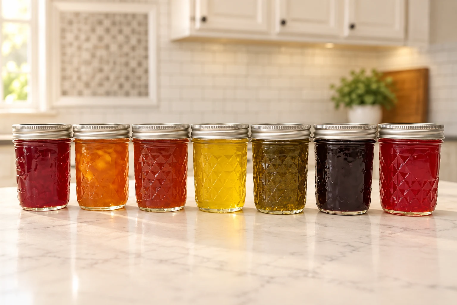 Enhanced kitchen photograph of seven colorful jars of homemade jams and jellies