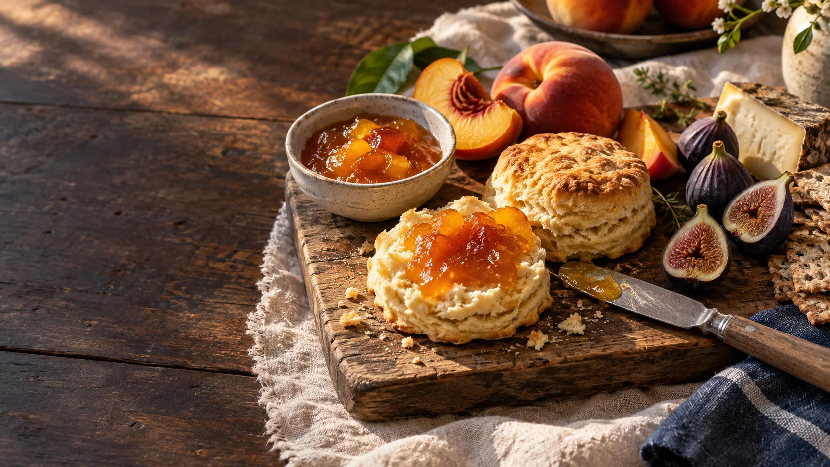 Serving inspiration: peach jam on a flaky biscuit, fresh fruit and cheese on a rustic table